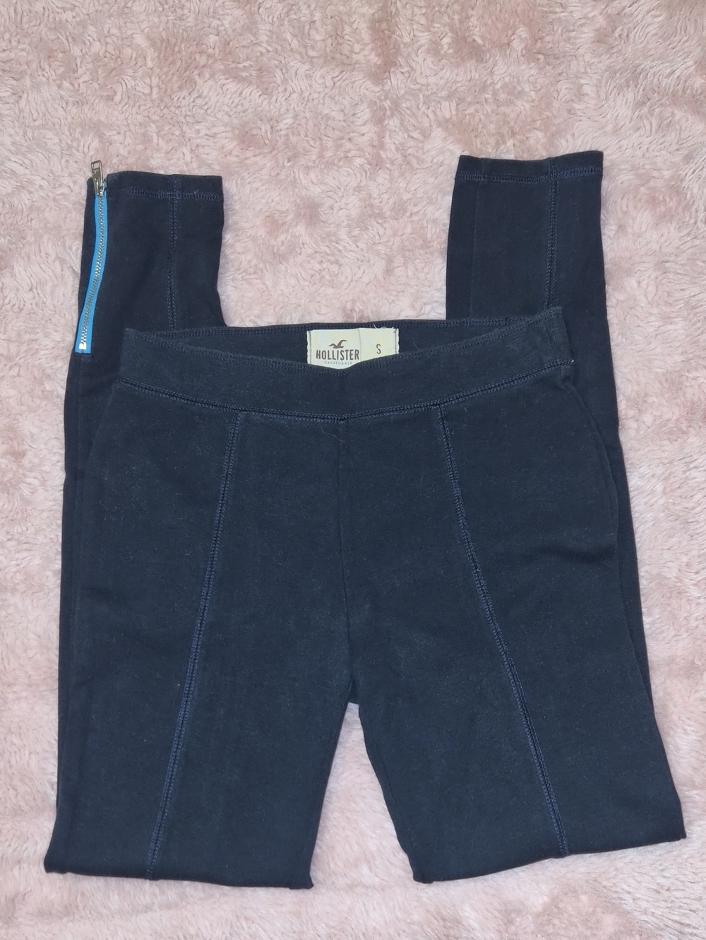 Hollister Black Leggings with Blue Zip Accent